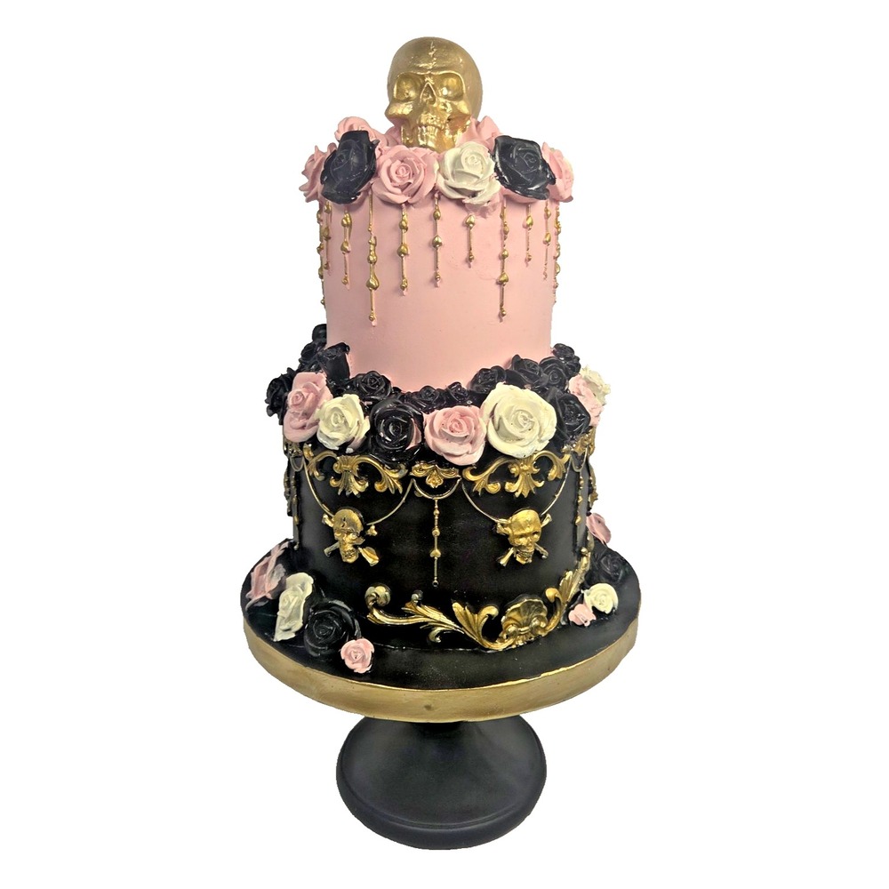Pink Black Gothic Skull Cake Stand Figurine Roses Halloween Decor Gold 15 Inch